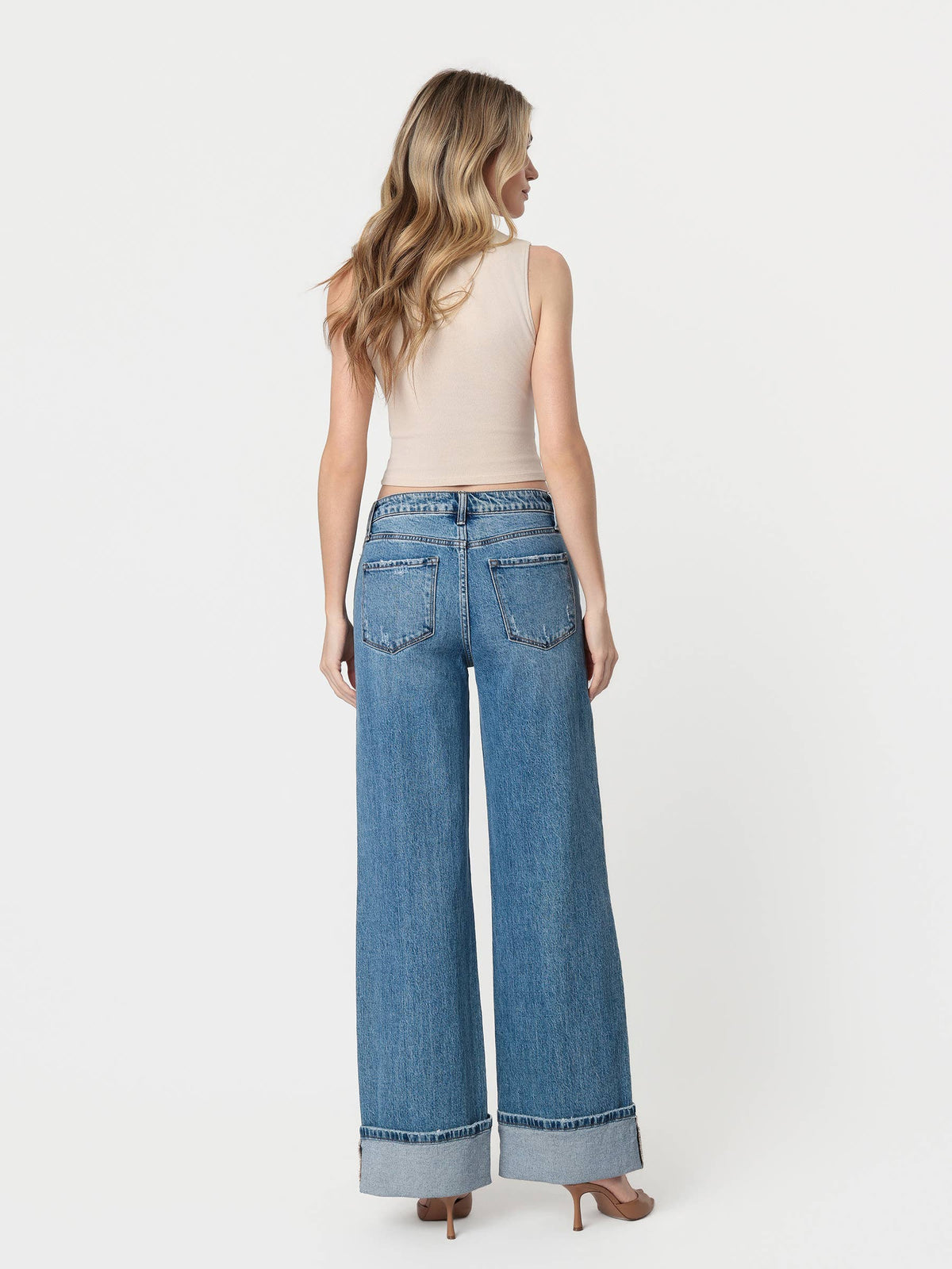 HIGH RISE CUFFED PANEL BAGGY WIDE JEANS