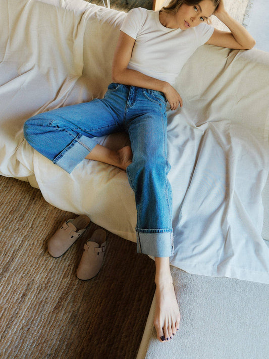 HIGH RISE CUFFED PANEL BAGGY WIDE JEANS