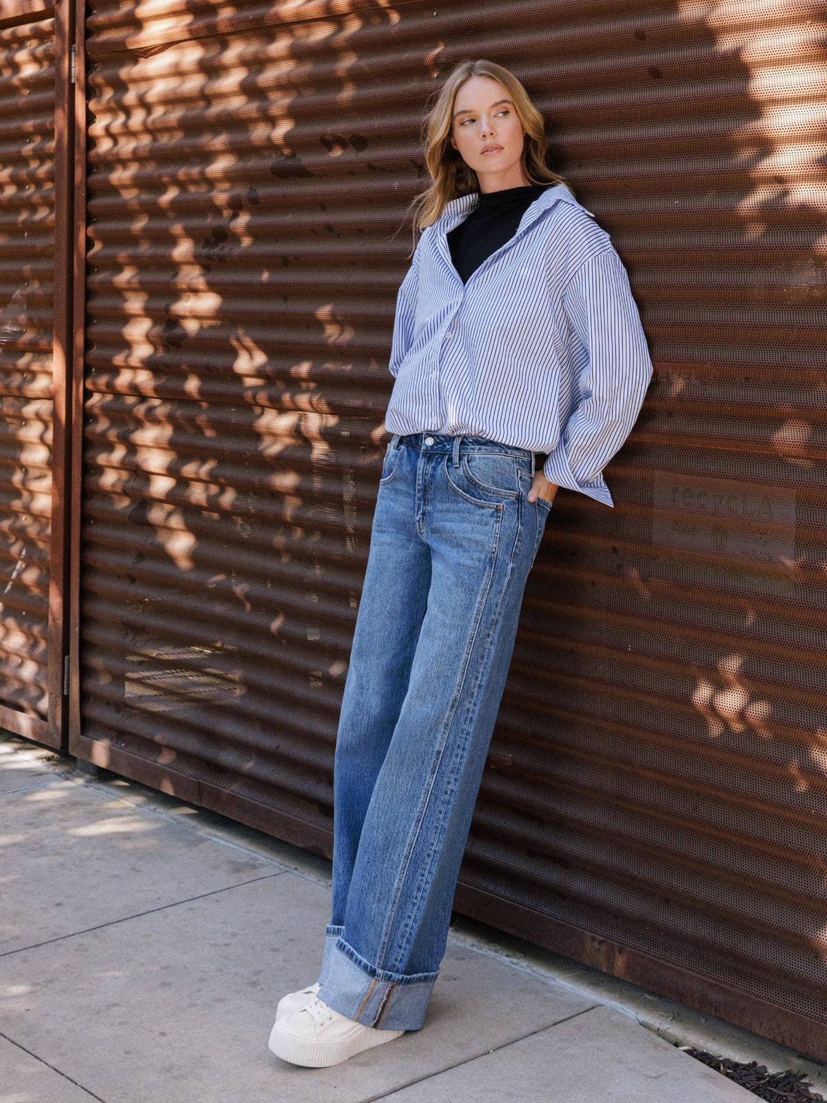 HIGH RISE CUFFED PANEL BAGGY WIDE JEANS