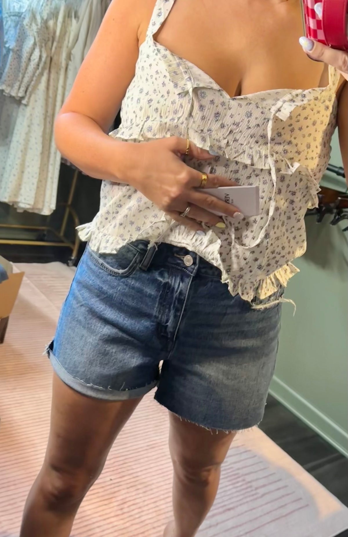 HIGH RISE MEDIUM DARK WASH DENIM SHORTS