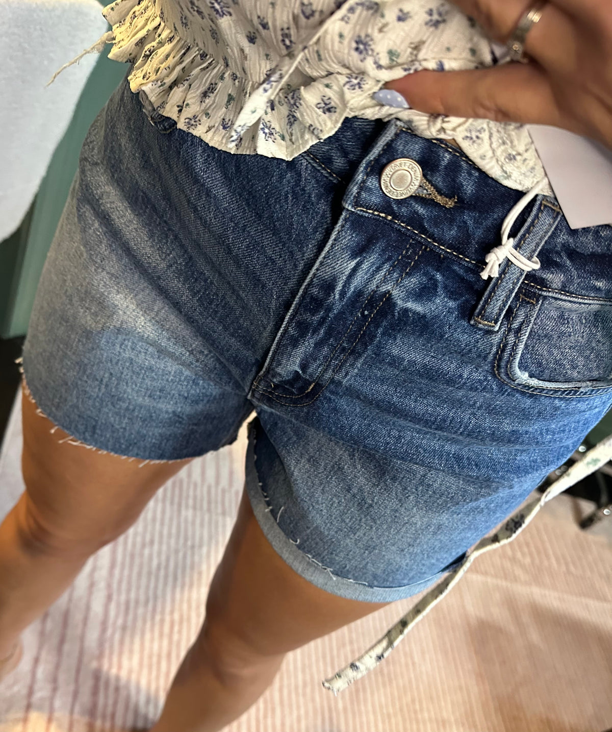 HIGH RISE MEDIUM DARK WASH DENIM SHORTS
