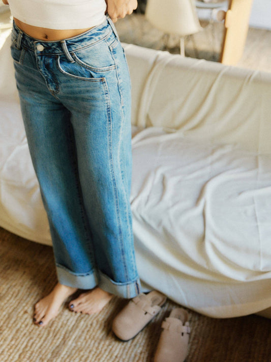 HIGH RISE CUFFED PANEL BAGGY WIDE JEANS