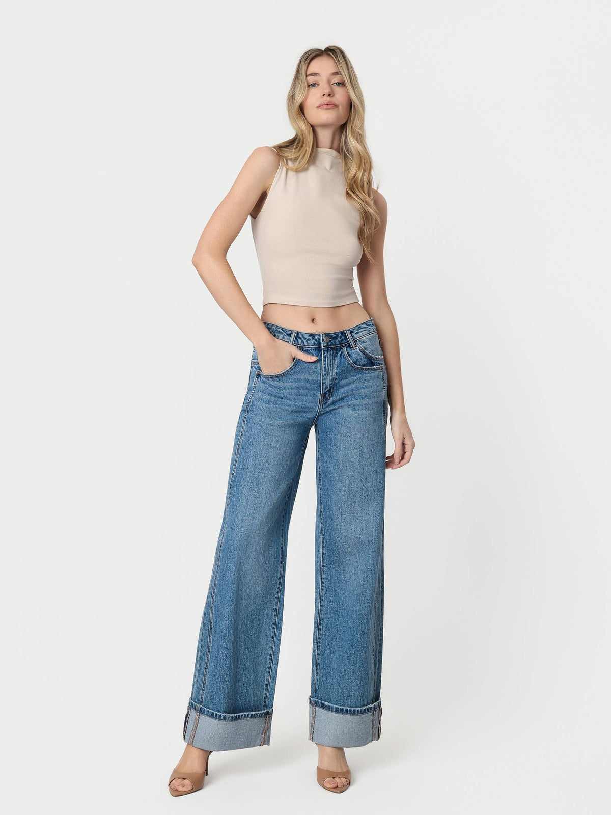 HIGH RISE CUFFED PANEL BAGGY WIDE JEANS