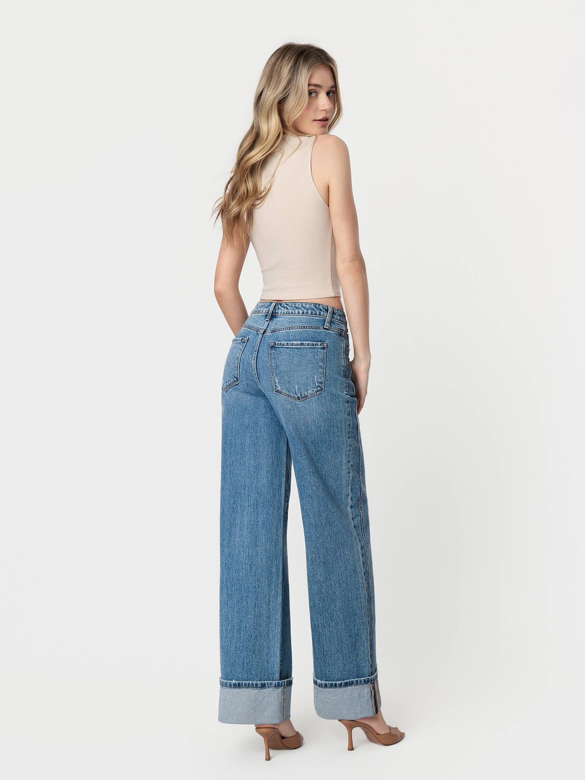HIGH RISE CUFFED PANEL BAGGY WIDE JEANS